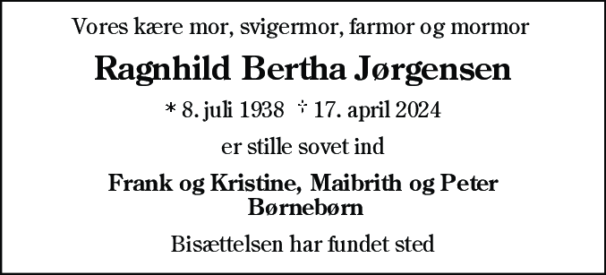 Dødsannonce for Ragnhild Bertha Jørgensen