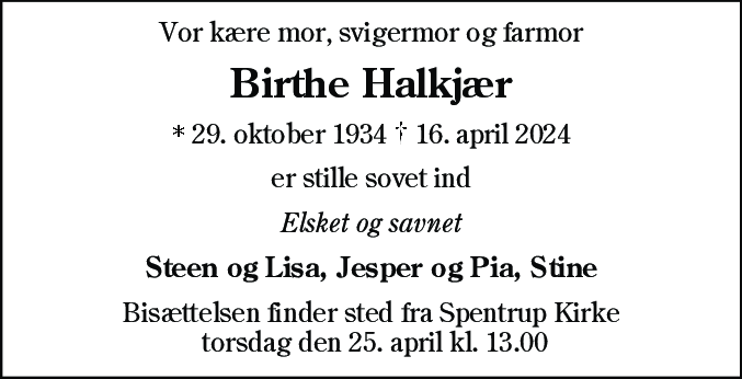 Dødsannonce for Birthe Halkjær