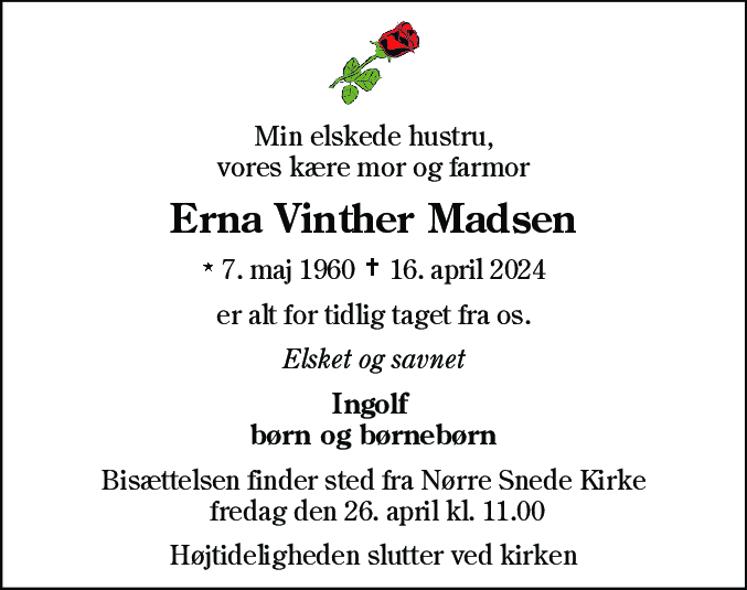 Dødsannonce for Erna Vinther Madsen