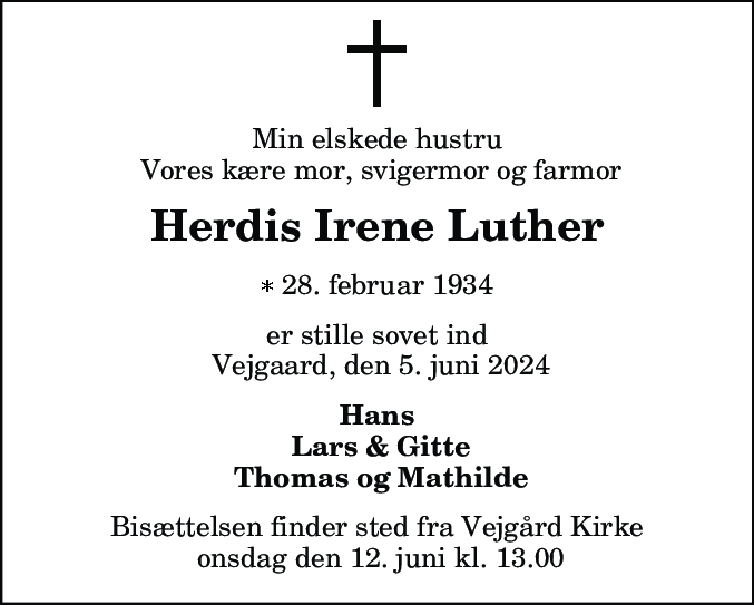 Dødsannonce for Herdis Irene Luther