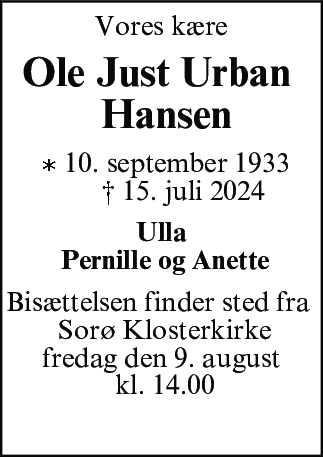 Dødsannonce for Ole Just Urban Hansen