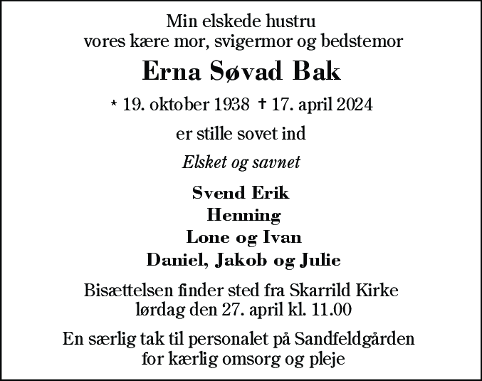 Dødsannonce for Erna Søvad Bak