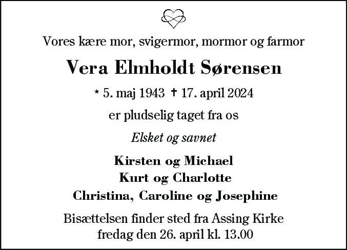 Dødsannonce for Vera Elmholdt Sørensen