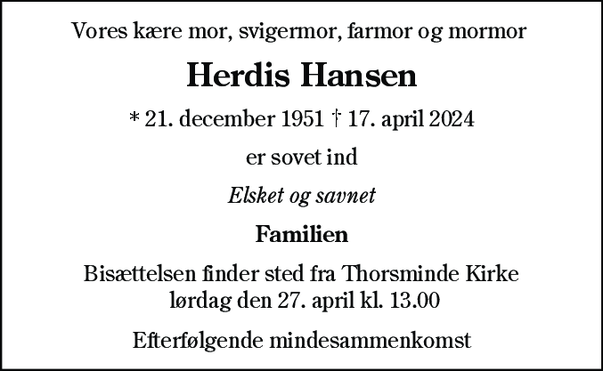 Dødsannonce for Åse Herdis Hansen