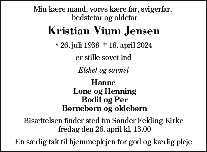 Dødsannonce for Kristian Vium Jensen