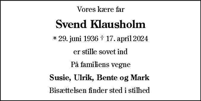 Dødsannonce for Svend Klausholm