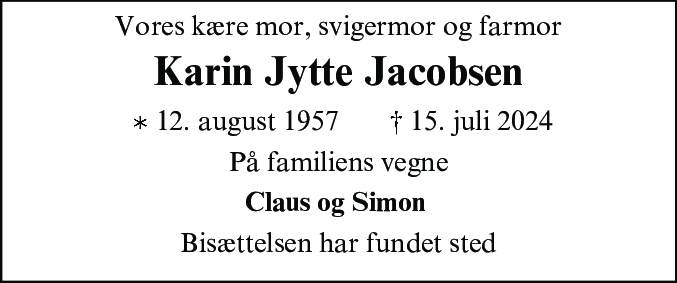 Dødsannonce for Karin Jytte Jacobsen