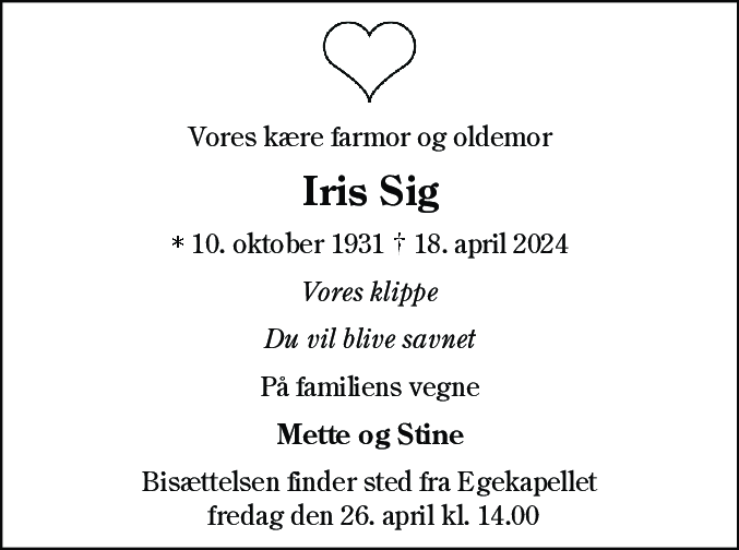 Dødsannonce for Iris Sig