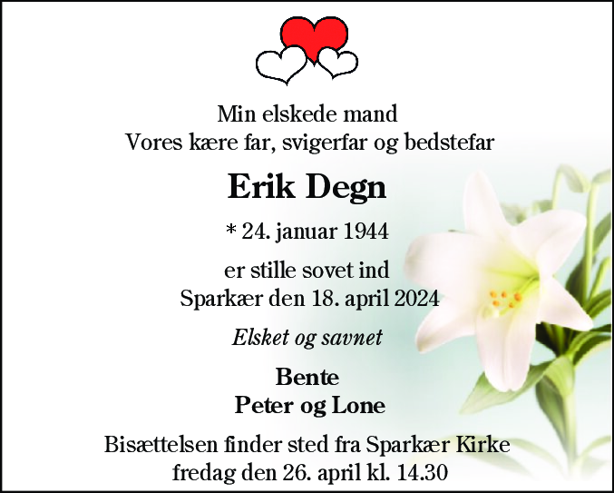 Dødsannonce for Erik Degn
