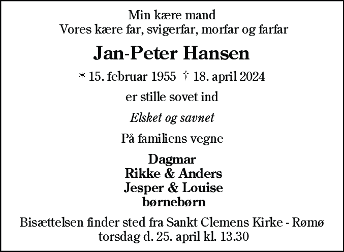 Dødsannonce for Jan Peter Hansen