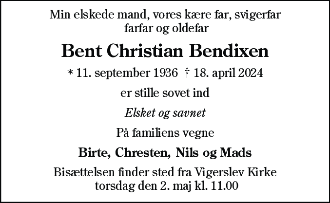 Dødsannonce for Bent Christian Bendixen