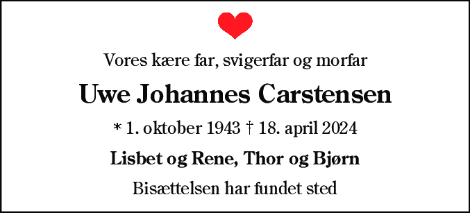 Dødsannonce for Uwe Johannes Carstensen