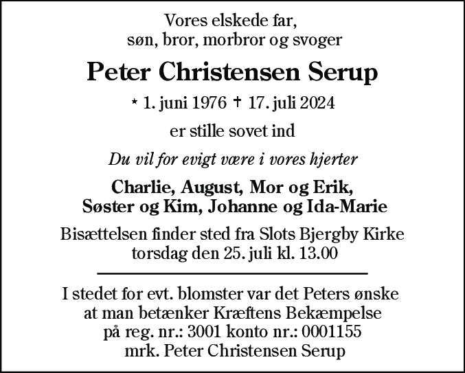 Dødsannonce for Peter Christensen Serup