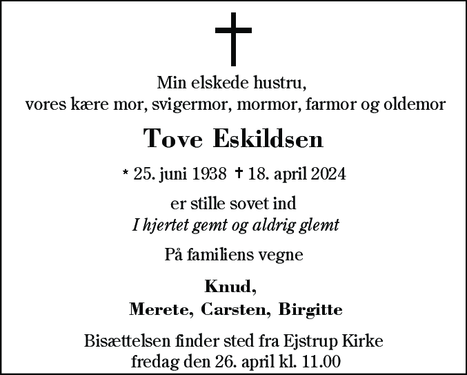Dødsannonce for Tove Eskildsen