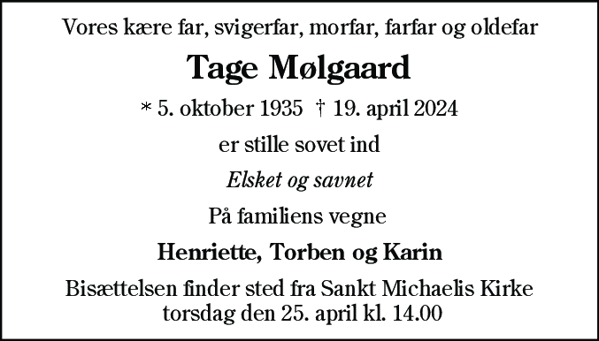 Dødsannonce for Tage Mølgaard