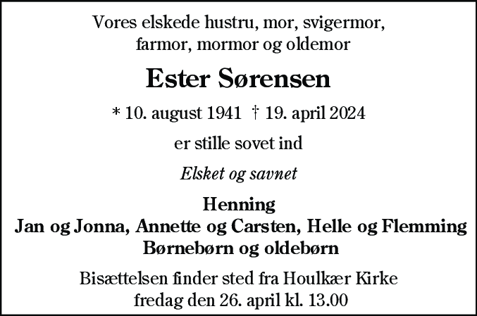 Dødsannonce for Ester Sørensen