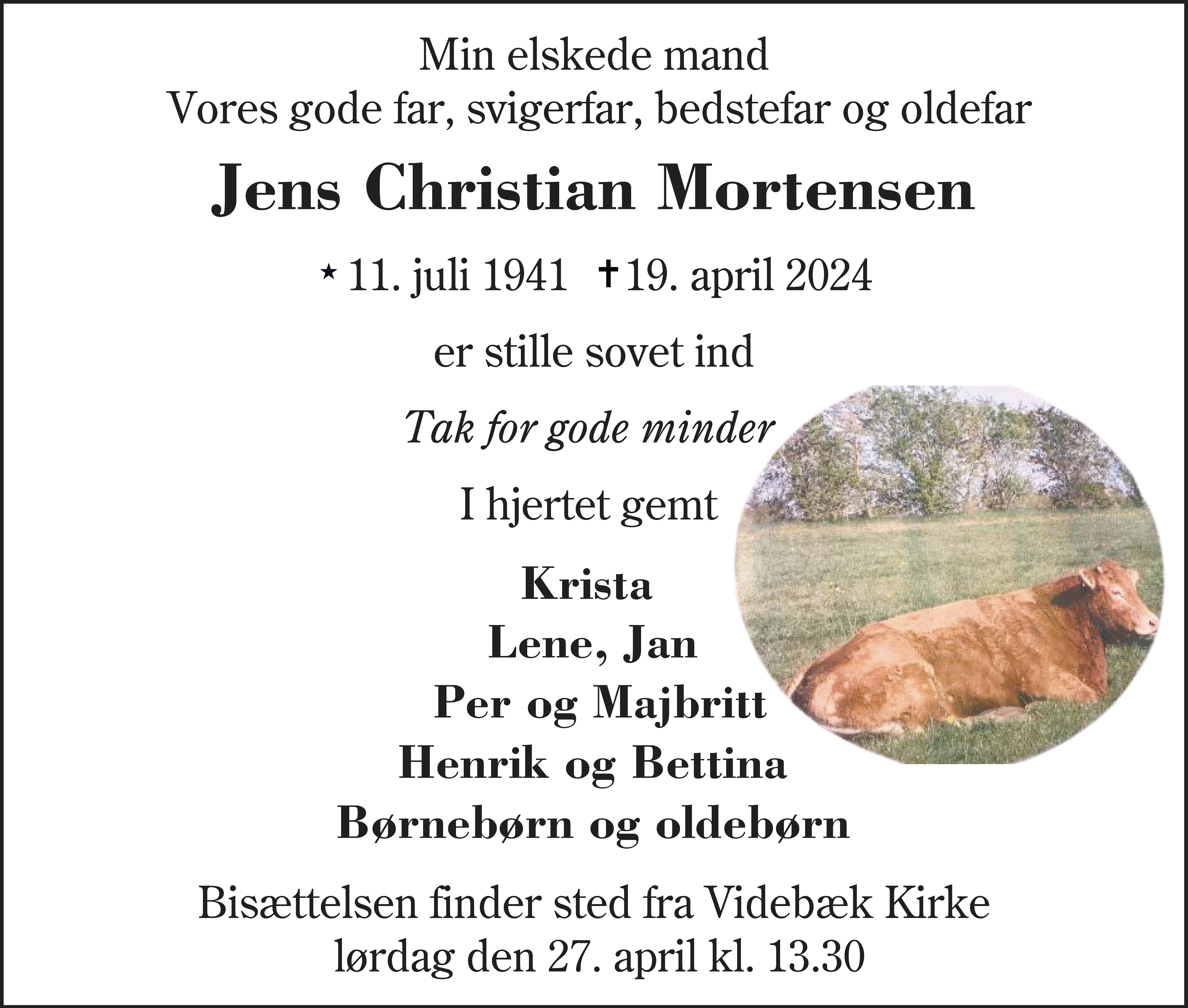 Dødsannonce for Jens Christian Mortensen