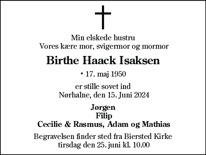 Dødsannonce for Birthe Haack Isaksen