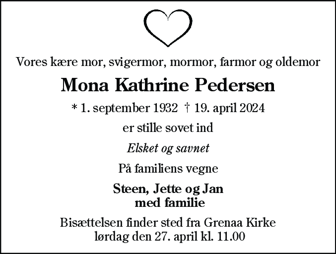 Dødsannonce for Mona Kathrine Pedersen