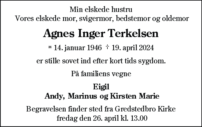Dødsannonce for Agnes Inger Therkelsen