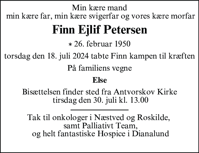 Dødsannonce for Finn Ejlif Petersen