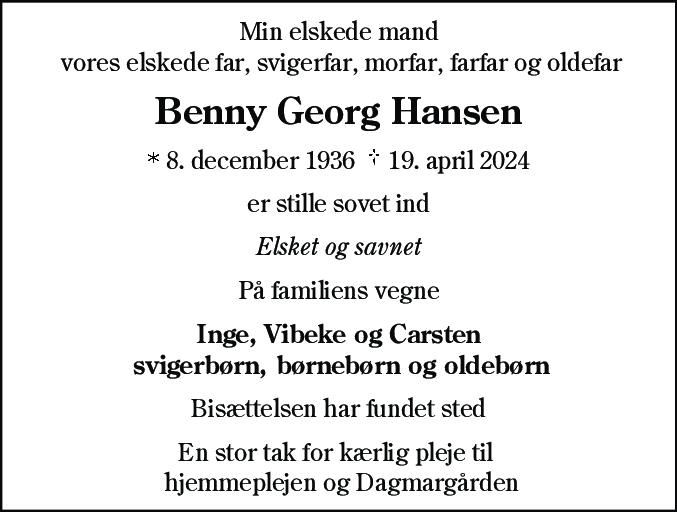Dødsannonce for Benny Georg Hansen