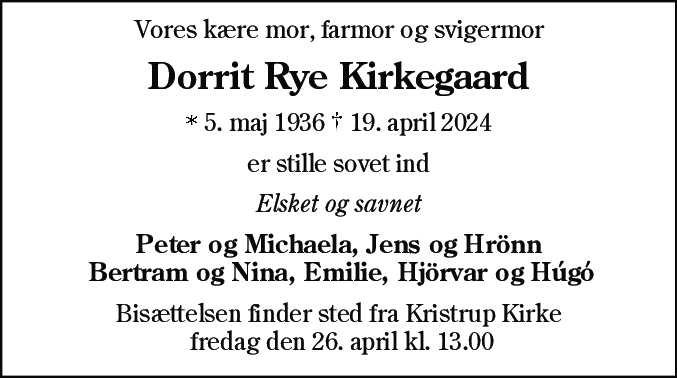 Dødsannonce for Dorrit Rye Kirkegaard