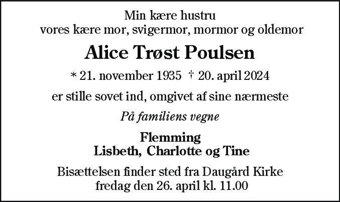 Dødsannonce for Alice Aase Poulsen