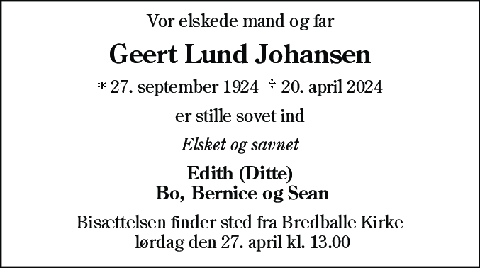 Dødsannonce for Geert Louis Lund Johansen