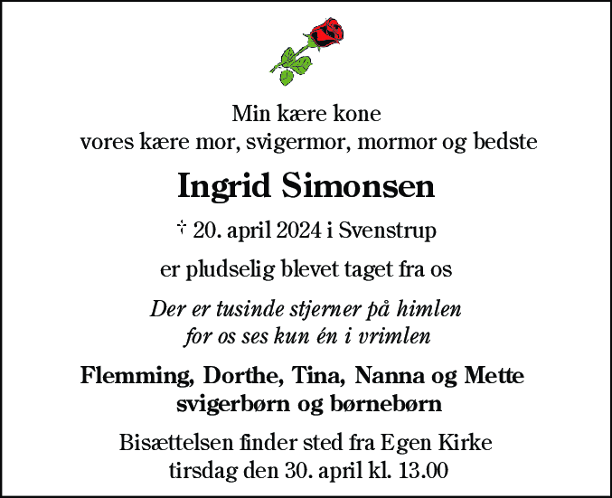 Dødsannonce for Ingrid Simonsen
