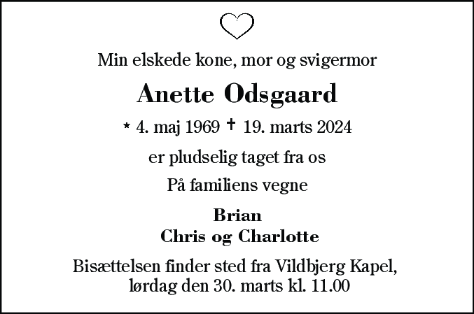 Dødsannonce for Anette Odsgaard
