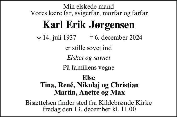 Dødsannonce for Karl Erik Jørgensen