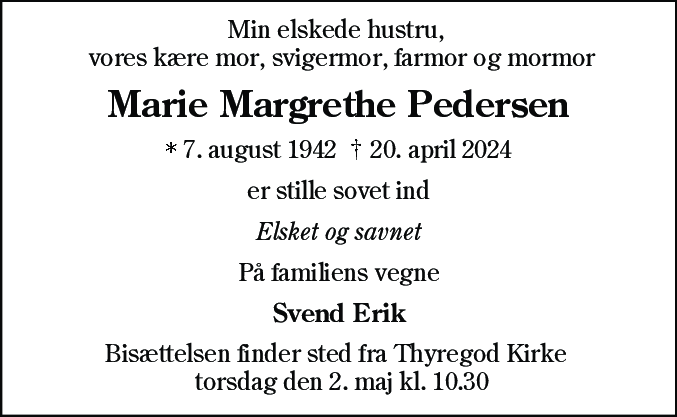 Dødsannonce for Marie Margrethe Pedersen