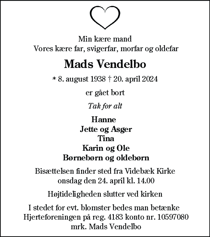 Dødsannonce for Mads Vendelbo