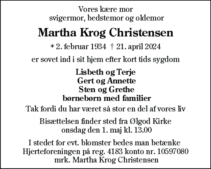 Dødsannonce for Martha Krog Christensen