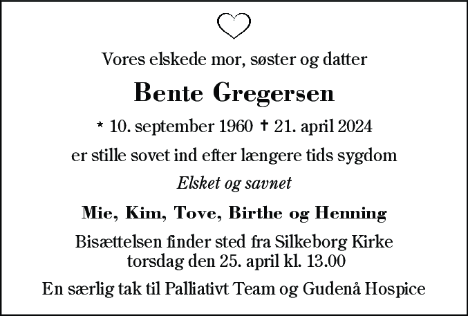 Dødsannonce for Bente Gregersen