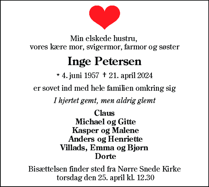 Dødsannonce for Inge Petersen