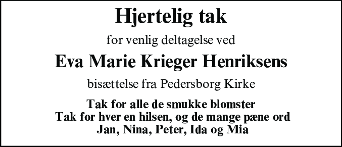 Dødsannonce for Eva Marie Krieger Henriksen