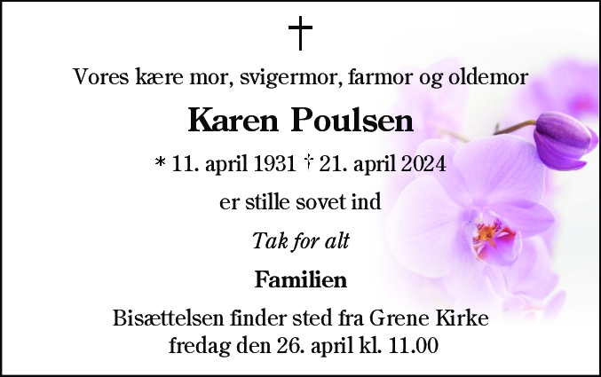 Dødsannonce for Karen Poulsen