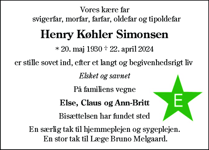 Dødsannonce for Henry Køhler Simonsen