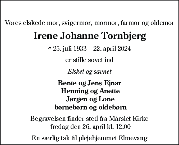 Dødsannonce for Irene Johanne Tornbjerg