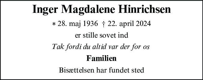 Dødsannonce for Inger Magdalene Hinrichsen