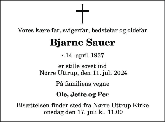 Dødsannonce for Bjarne Sauer