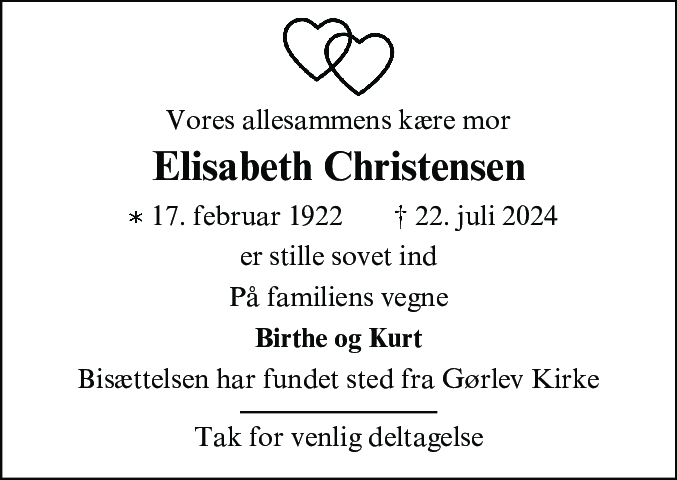 Dødsannonce for Elisabeth Kirstine Marie Christensen
