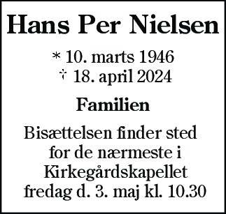 Dødsannonce for Hans Per Nielsen