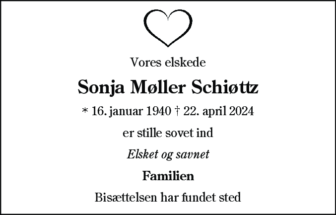 Dødsannonce for Sonja Møller Schiøttz