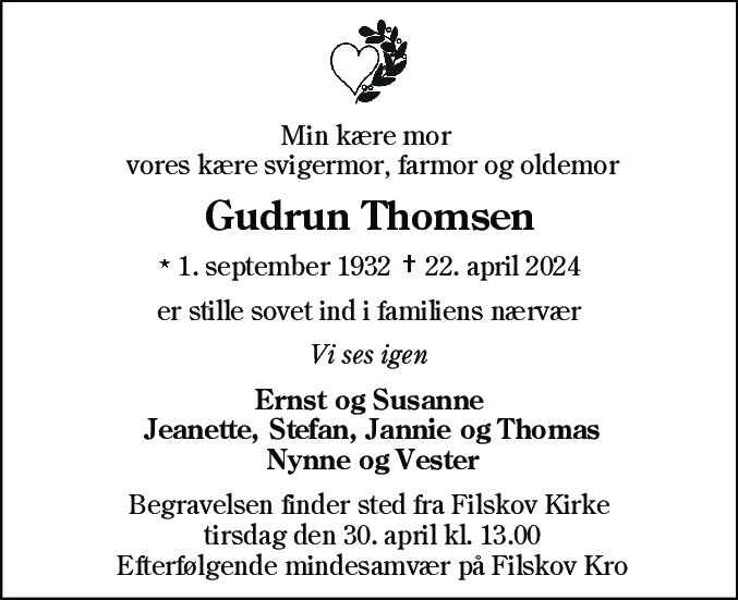 Dødsannonce for Gudrun Thomsen