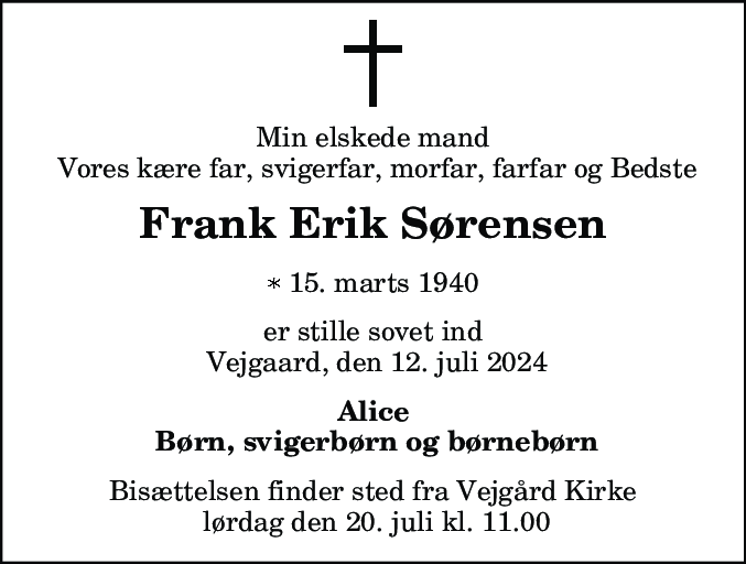 Dødsannonce for Frank Erik Sørensen
