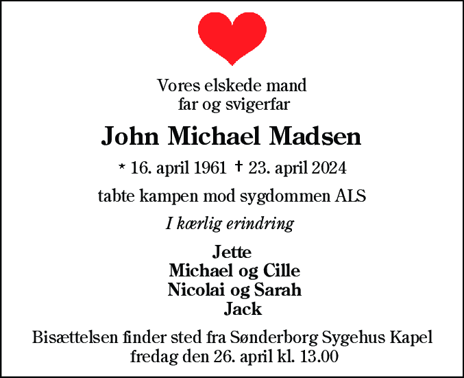 Dødsannonce for John Michael Madsen