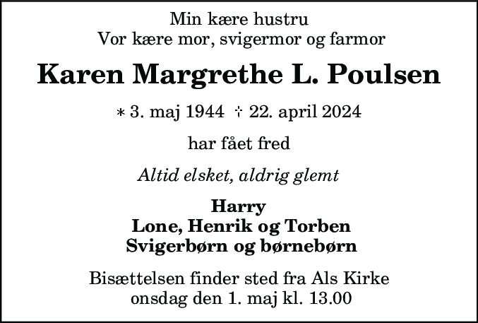 Dødsannonce for Karen Margrethe Lindberg Poulsen